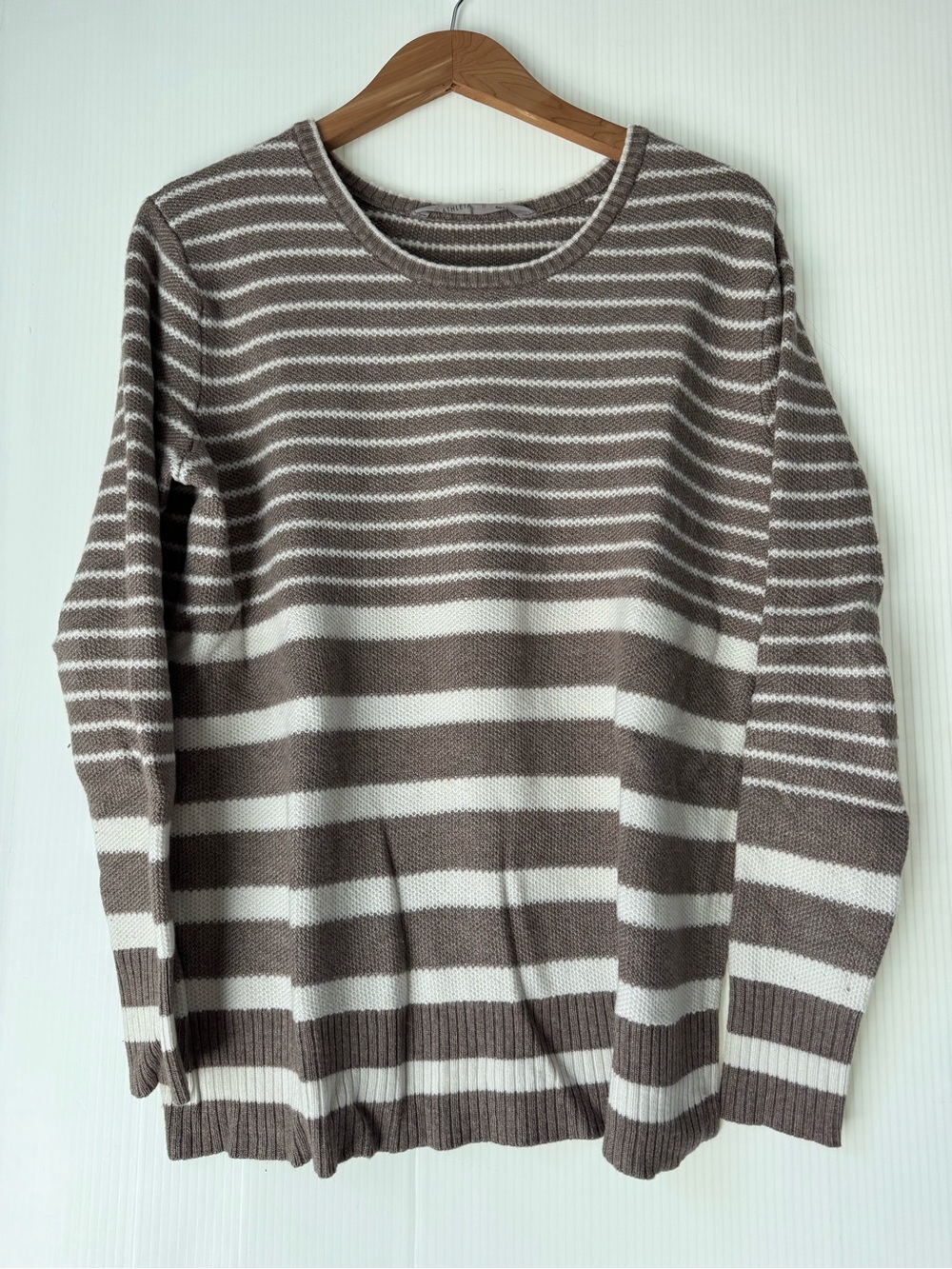 Athleta Taupe and White Striped Scoopneck Sweater